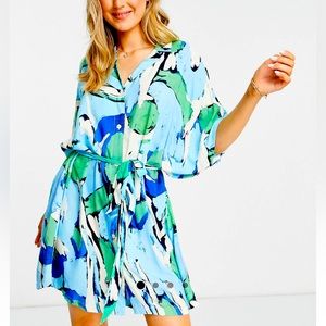 ASOS Monki midi shirt dress with tie waist detail in blue tropical print - XXL